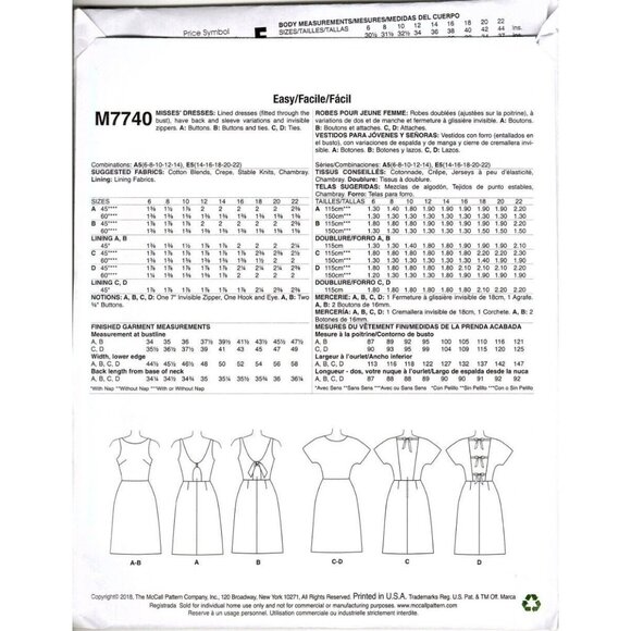 McCall's M7740 Misses 6 to 14 Backless Dress Uncut Sewing Pattern New - Picture 2 of 2